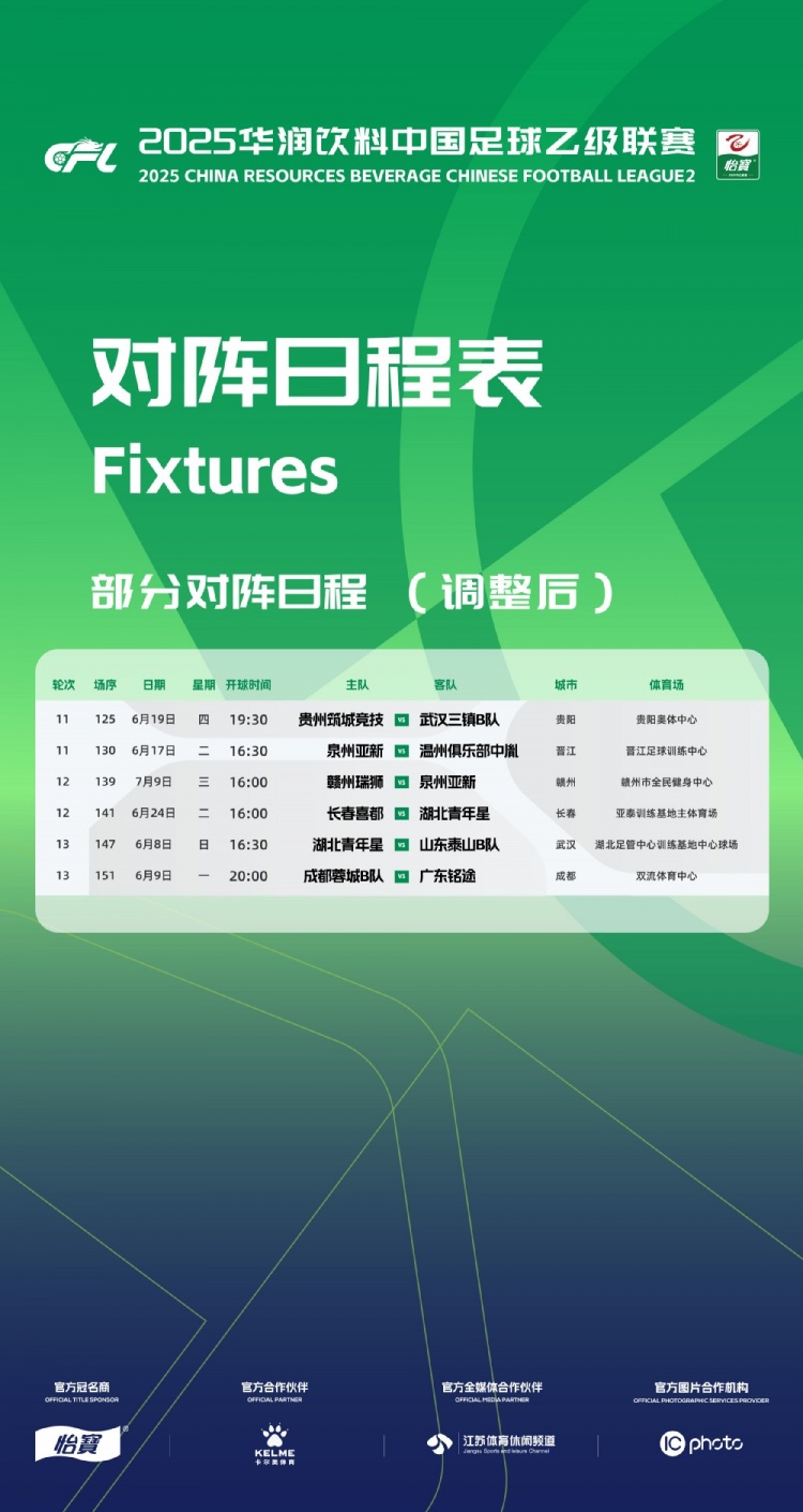 官方：因工作安排原因，中乙第11、12、13輪部分場次比賽時(shí)間調(diào)整