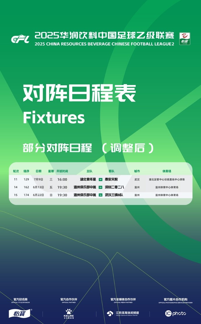 官方：因相關(guān)活動(dòng)工作安排原因，中乙三場(chǎng)比賽賽程變更