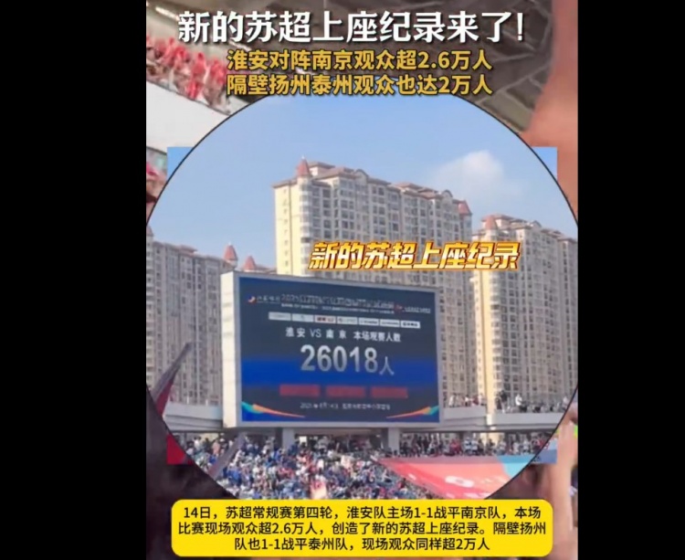 26018人！淮安主場對陣南京，創(chuàng)造蘇超上座人數(shù)紀(jì)錄