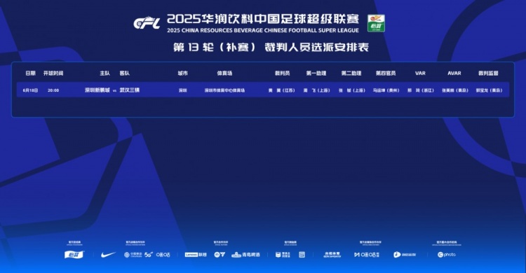 深圳新鵬城vs武漢三鎮(zhèn)補賽裁判：黃翼主裁判，邢琦VAR