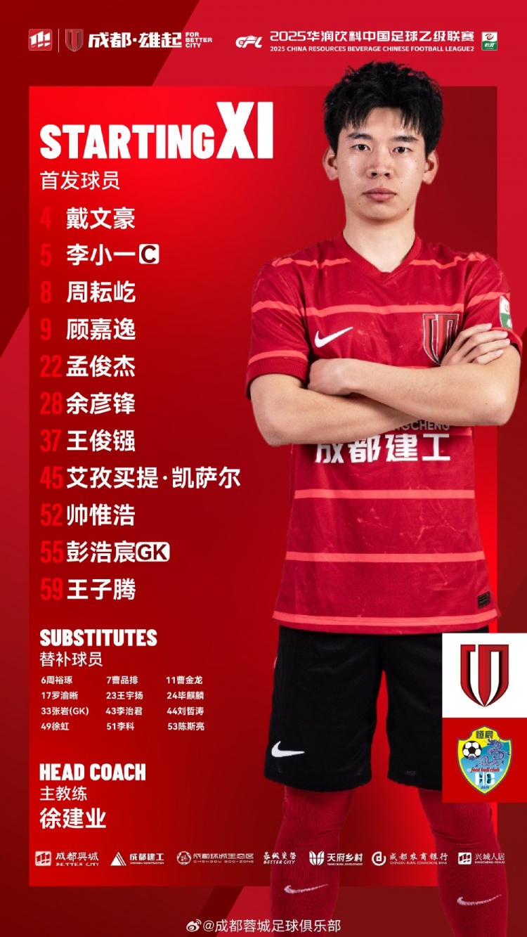 中乙聯(lián)賽成都蓉城B隊(duì)vs廣西恒宸比賽首發(fā)名單出爐！
