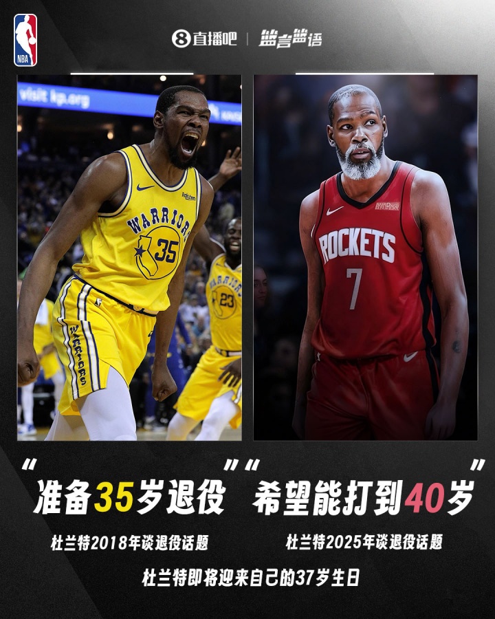 2018年杜蘭特：準(zhǔn)備35歲退役！2025年KD：希望打到40歲??