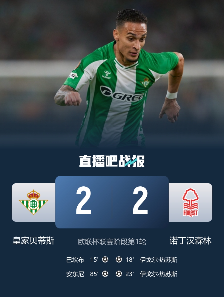 圓神傳射！貝蒂斯2-2森林 安東尼85分鐘破門(mén)絕平+助攻巴坎布建功