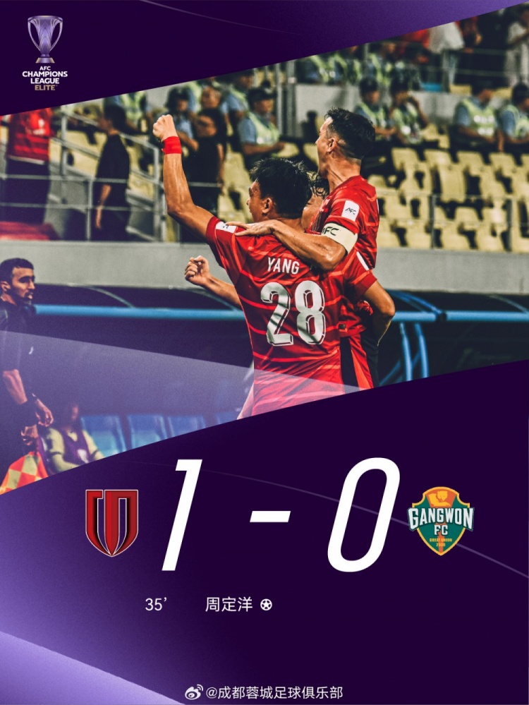 取得亞冠正賽首勝！成都蓉城1-0戰(zhàn)勝江原FC，周定洋獲得本場(chǎng)最佳